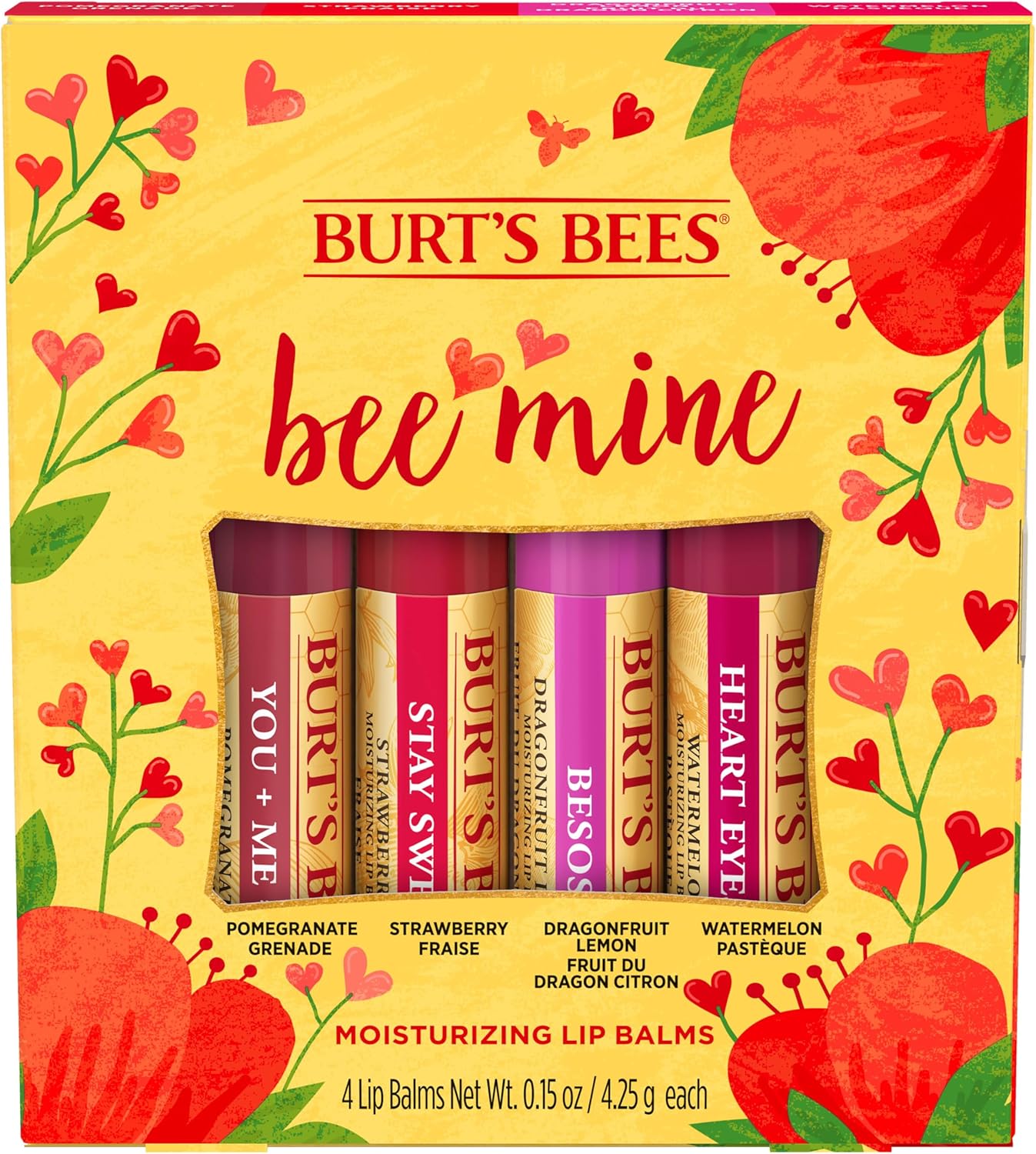 Burt'S Bees Lip Balm Gift Set, Pomegranate, Strawberry, Dragonfruit Lemon, Watermelon, Bee Mine, 4X4.25G