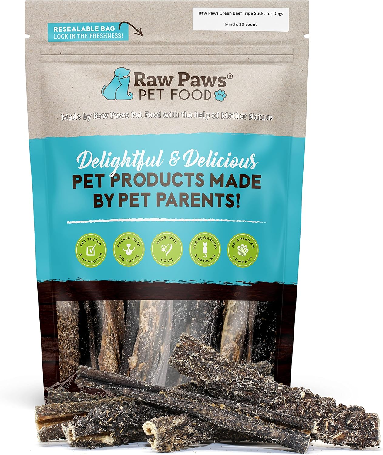 Raw Paws Green Beef Tripe Sticks For Dogs - 6-Inch, 10-Pack - Packed In Usa - Dried Tripe Dog Treats From Free-Range, Cows No Added Antibiotics Or Hormones - Dehydrated Beef Green Tripe For Dogs