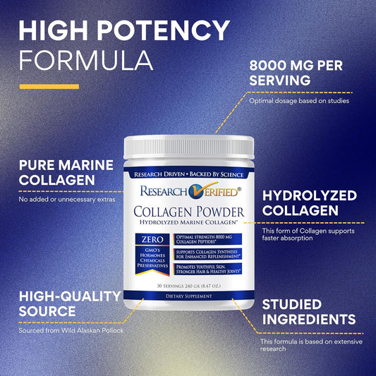 Research Verified® Collagen Powder - Hydrolyzed Marine Collagen - Unflavored - Skin Hydration And Elasticity, Muscle Recovery, Non Gmo - 30 Scoops Per Container - 3 Month Supply