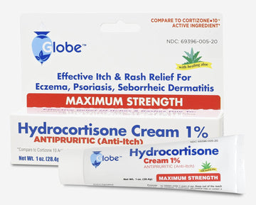 Globe Hydrocortisone Maximum Strength Cream 1% W/ Aloe, Anti-Itch Cream For Redness, Swelling, Itching, Rash & Dermatitis, Bug/Mosquito Bites, Eczema, Hemorrhoids & More