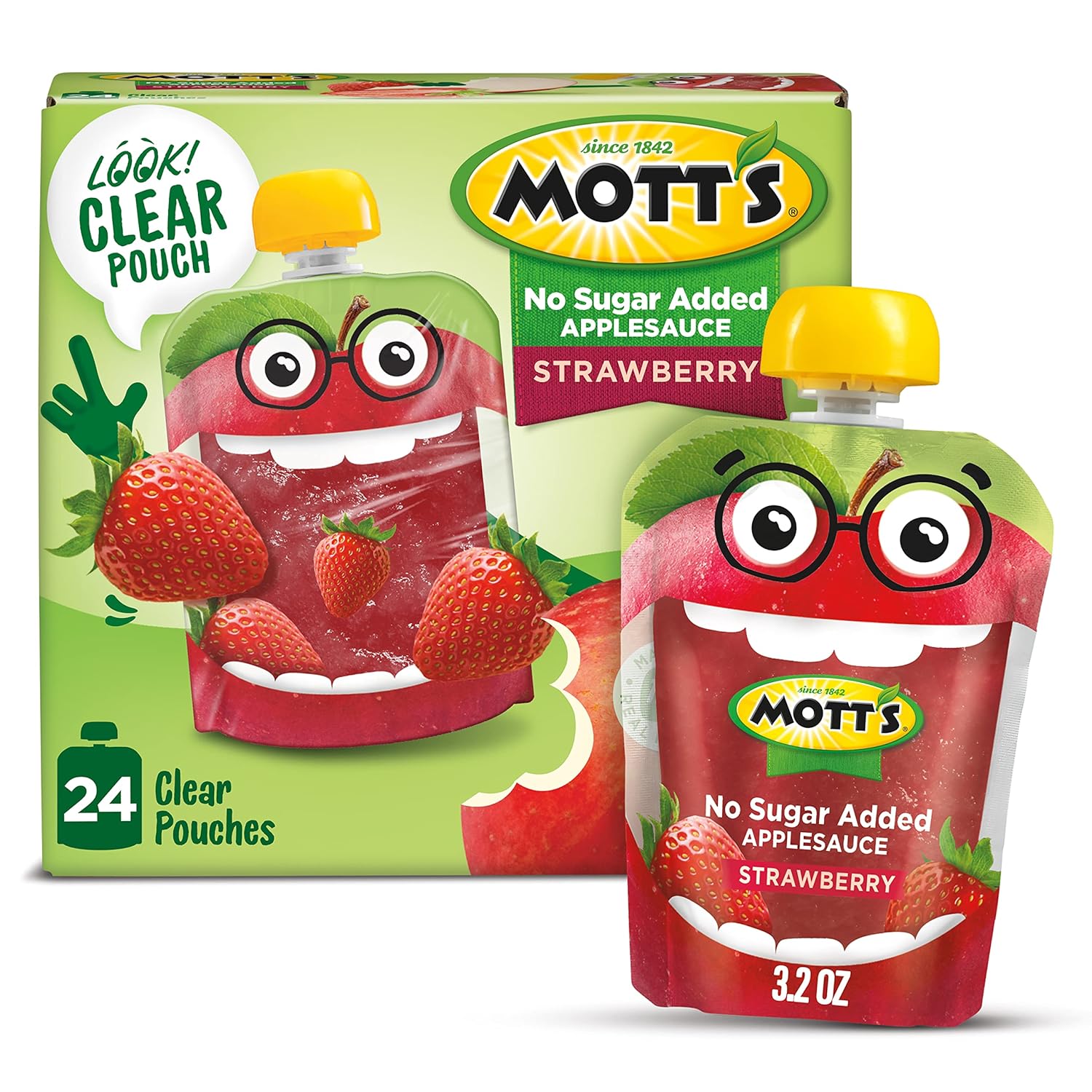 Mott'S No Sugar Added Strawberry Applesauce, 3.2 Oz Clear Pouches, 24 Count (6 Packs Of 4), Good Source Of Vitamin C, No Artificial Flavors