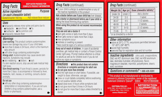 Rite Aid Children'S Pain Relief Acetaminophen, Bubble Gum Flavor, 160 Mg - 24 Ct | Kids Pain Reliever | For Children Ages 2-11 Years | Acetaminophen Chewable Tablets | Aspirin & Ibuprofen Free