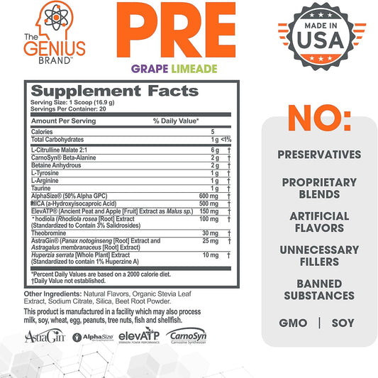 Genius Pre Workout Powder, Grape Limeade - All-Natural Nootropic Pre-Workout & Caffeine-Free Nitric Oxide Booster Supplement With Beta Alanine & Alpha Gpc - No Artificial Flavors, Sweeteners, Or Dyes