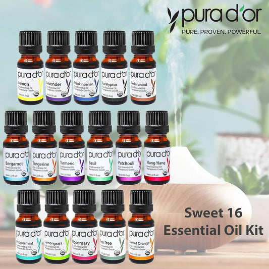 Pura D'Or Organic Sweet16 Essential Oils Set - 16X 10Ml Wood Box Aromatherapy Gift Set - 100% Pure Therapeutic Grade For Relaxation And Wellness (Lavender, Tea Tree, Turmeric, Ylang Ylang And More)