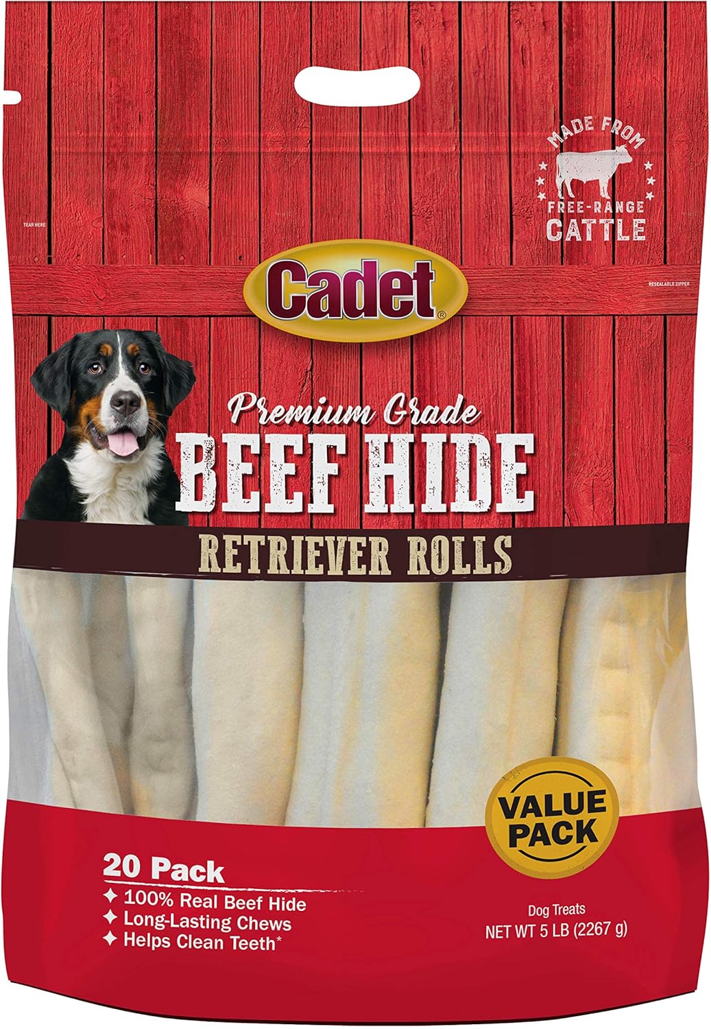 Cadet Premium Grade Beef Hide Retriever Rolls For Dogs 20 Pack, 5 Pounds