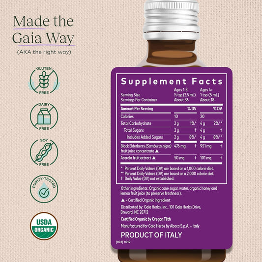 Gaia Herbs Gaiakids Black Elderberry Syrup - Delicious Immune Support Supplement For Kids - With Organic Black Elderberries And Honey - Usda Certified Organic Black Elderberry Syrup - 3 Fluid Ounces