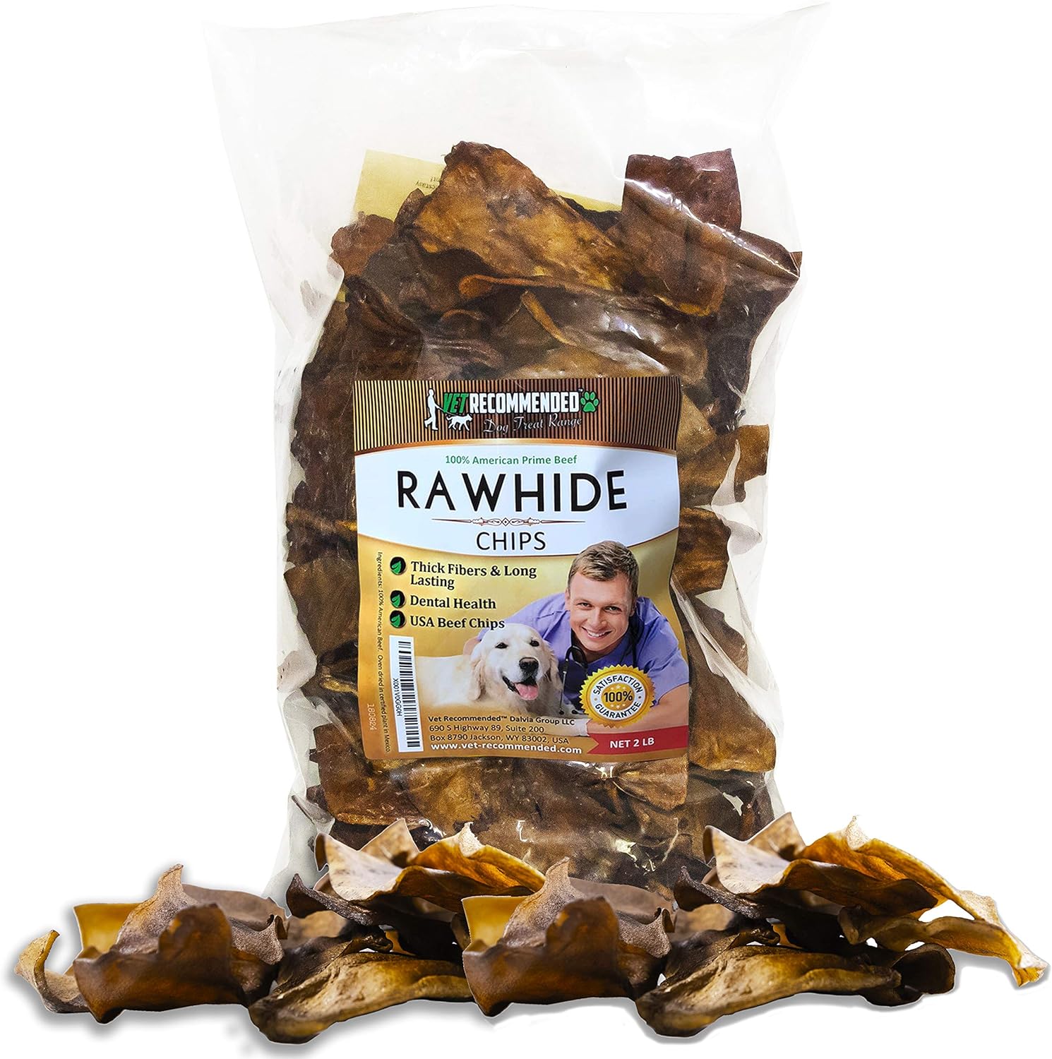 Premium Beef Rawhide Chips for Dogs (2lb Bag) Thick Fiber and Long Lasting Dog Chew. Made in USA
