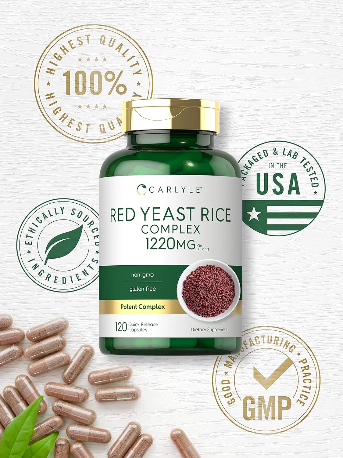 Carlyle Red Yeast Rice Complex | 1220mg | 120 Capsules | with Policosanol | Non-GMO and Gluten Free Supplement : Health & Household