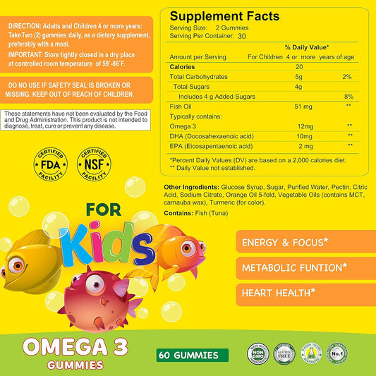 ALFA VITAMINS Omega 3 Gummies for Kids EPA & DHA Fish Oils - Natural Brain Booster for Focus, Memory, Clarity, Energy, Heart Health & Vision Support - 60 Gummies