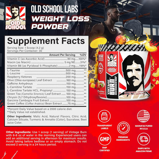 Vintage Burn ? Fat Burner Powder for Men and Women ? Delicious Thermogenic Fat & Weight Loss Drink - Green Coffee Bean, Caffeine, Raspberry Ketones ? Peach Mango Flavor - 30 Servings