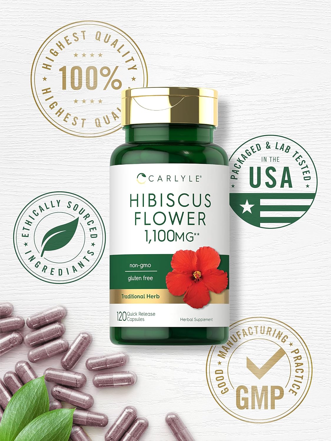 Carlyle Hibiscus Flower Extract 1100 mg | 120 Capsules | Non-GMO, Gluten Free Supplement : Health & Household