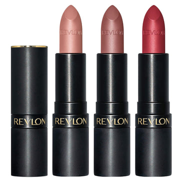 Revlon Lipstick Set, Super Lustrous 3 Piece Gift Set, High Impact, Matte Finish In Nude Plum & Red, Pack Of 3