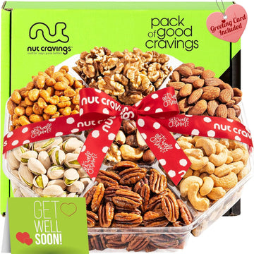 Nut Cravings Gourmet Collection - Get Well Soon Nuts Gift Basket with Get Well Soon Ribbon (7 Assortments) Care Package Variety Tray, Healthy Kosher Snack Tray, Adults Women Men