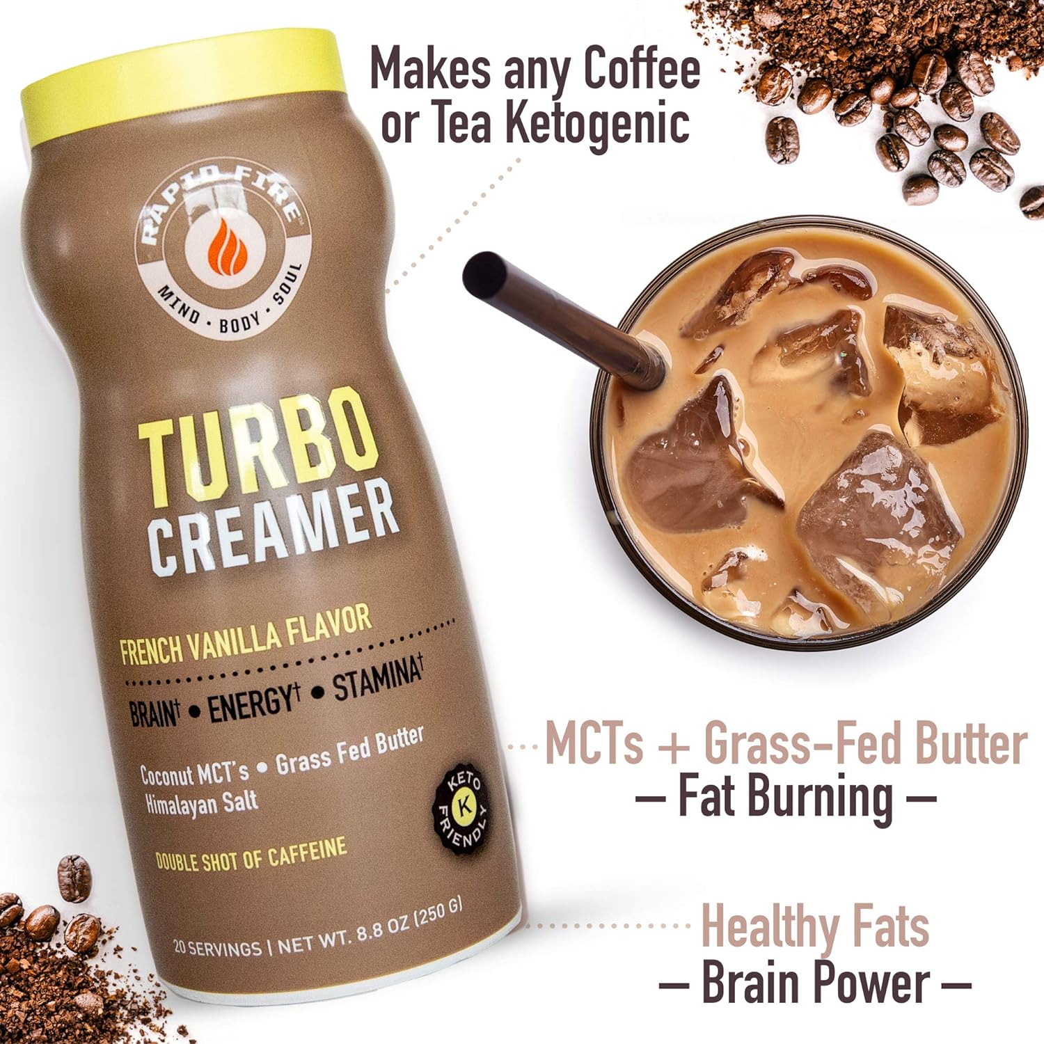 Rapid fire Turbo Creamer, French Vanilla Flavor with Shot of Caffeine, Coconut MCTs, Grass Fed Butter, Himalayan Pink Salt, 8.8 oz., 20 Servings : Grocery & Gourmet Food