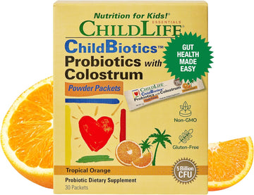 CHILDLIFE ESSENTIALS ChildBiotics Probiotics with Colostrum - Kids Probiotic Powder Packets, Immune & Digestive Support, All-Natural, Non-GMO, Gluten-Free - Tropical Orange Flavor, 30 Packets