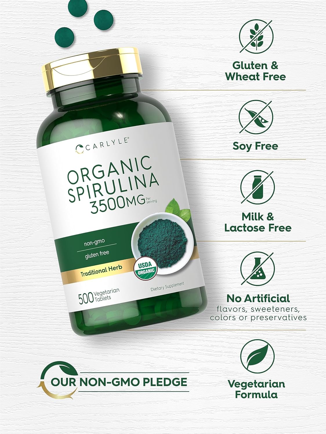 Carlyle Organic Spirulina Tablets 3500mg | 500 Count | Non-GMO & Gluten Free : Health & Household