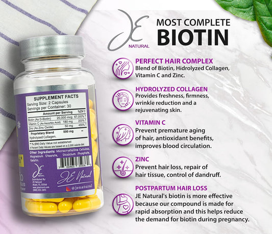 Biotin Hair Skin And Nails Vitamins, Vitamin C, Biotin And Collagen Supplements That Make Hair Grow Faster And Longer, For All Ages, 60 Capsules Of Biotin 20000Mcg Maximum Strength
