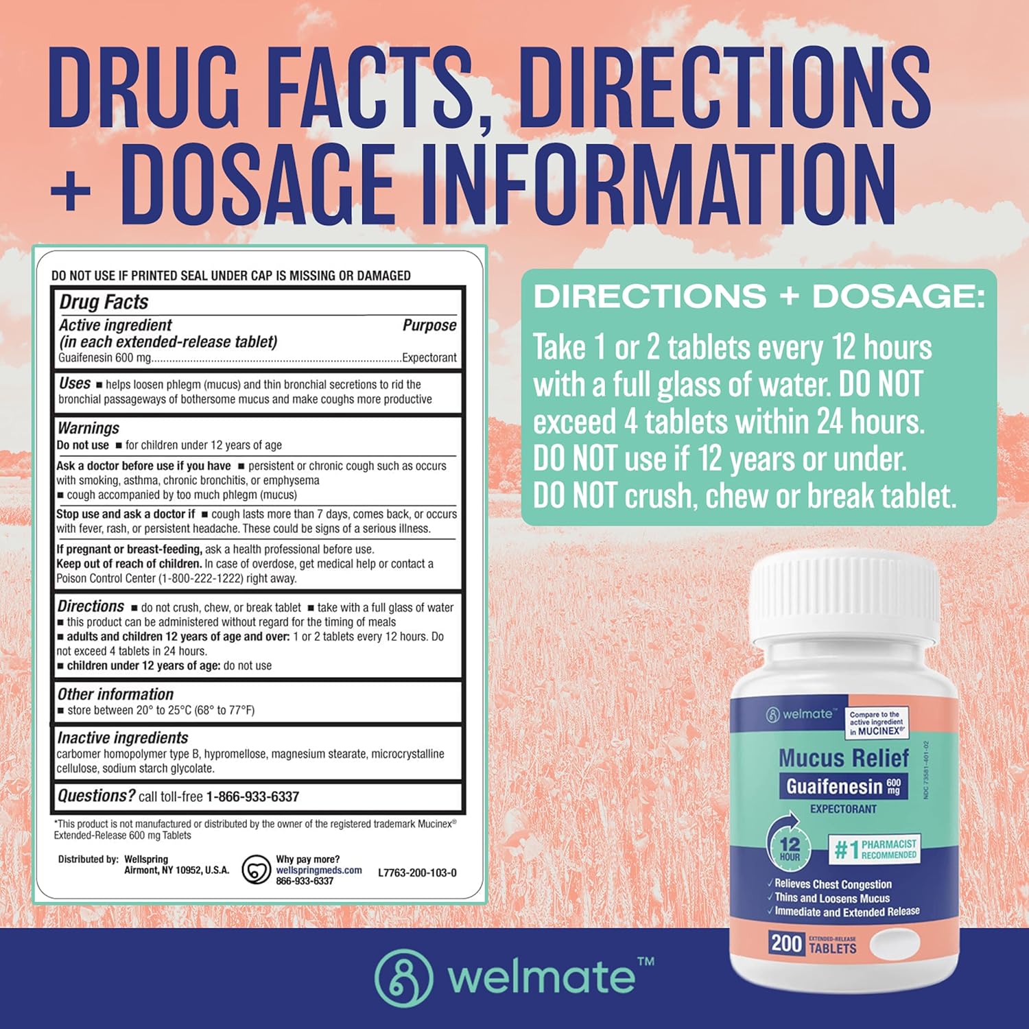 WELMATE | Mucus Relief | Guaifenesin 600mg | 12 Hr Support | Temporary Relief from Cough, Nasal & Chest Congestion, Infections, Colds, & Allergies | Expectorant | Extended-Release Tablets | 200 Ct : Health & Household