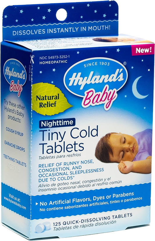 Hyland's Naturals Baby Tiny Cold Tablets, Nighttime, Infant and Baby Cold Medicine, Decongestant, Runny Nose, Cough, & Occassional Sleeplessness Relief Due to Colds, 125 Quick-Dissolving Tablets