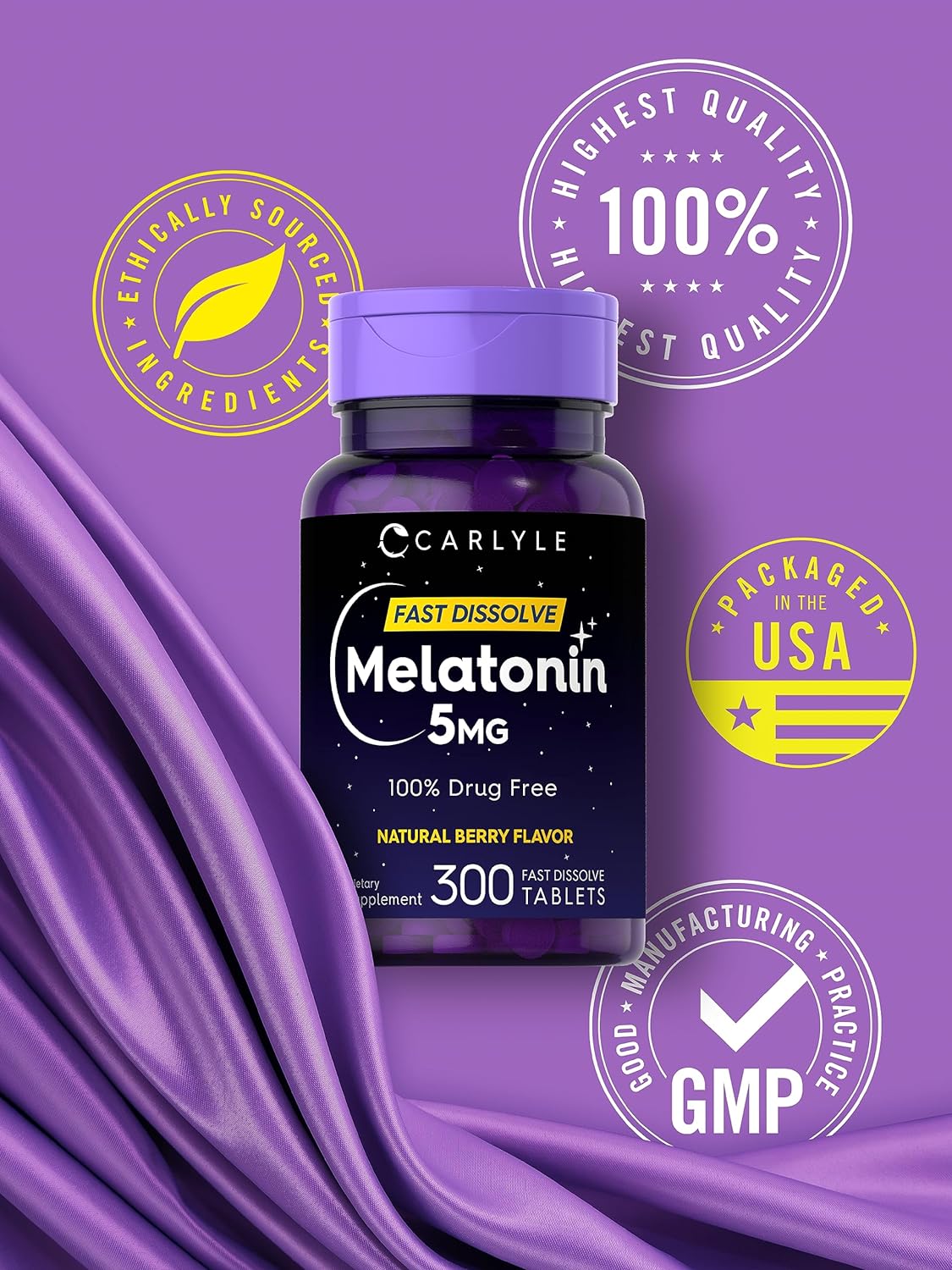 Carlyle Melatonin 5 mg Fast Dissolve 300 Tablets | Berry Flavor | Vegetarian, Non-GMO Supplement : Health & Household