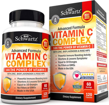 Vitamin C Complex Supplement - Vitamin C 1000mg Capsules with Rose Hips Zinc and Citrus Bioflavonoids (60 Day Supply) - Supports Immune Health, Cellular Energy, Collagen Production, 120 Count