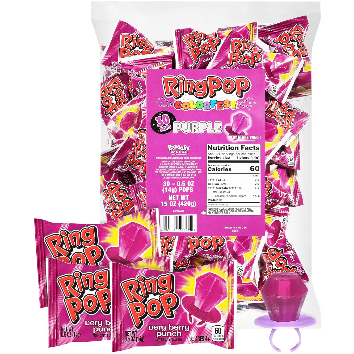 Ring Pop Individually Wrapped Purple Very Berry 30 Count Bulk Lollipop Summer Pack – Very Berry Flavored Lollipop Suckers - Fun Candy Bulk For Party Favors, Bachelorette Parties & Goodie Bags