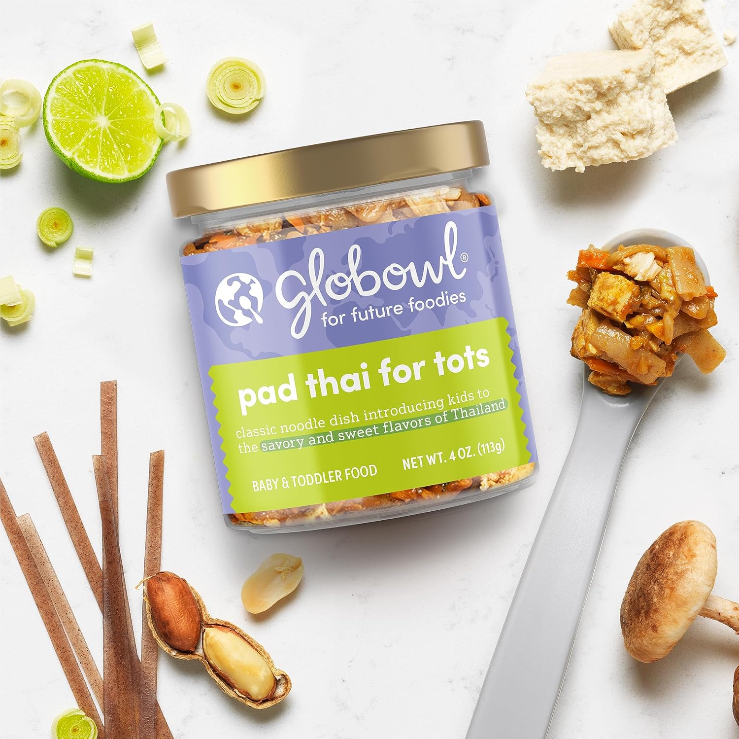 Globowl Stage 3 Baby Food & Toddler Meals, 6+ Months Early Allergen Introduction, Baby Led Weaning, International Whole Food Snacks for Toddlers, Babies, 4 oz Glass Jar, Pad Thai for Tots, 4-Pack : Baby