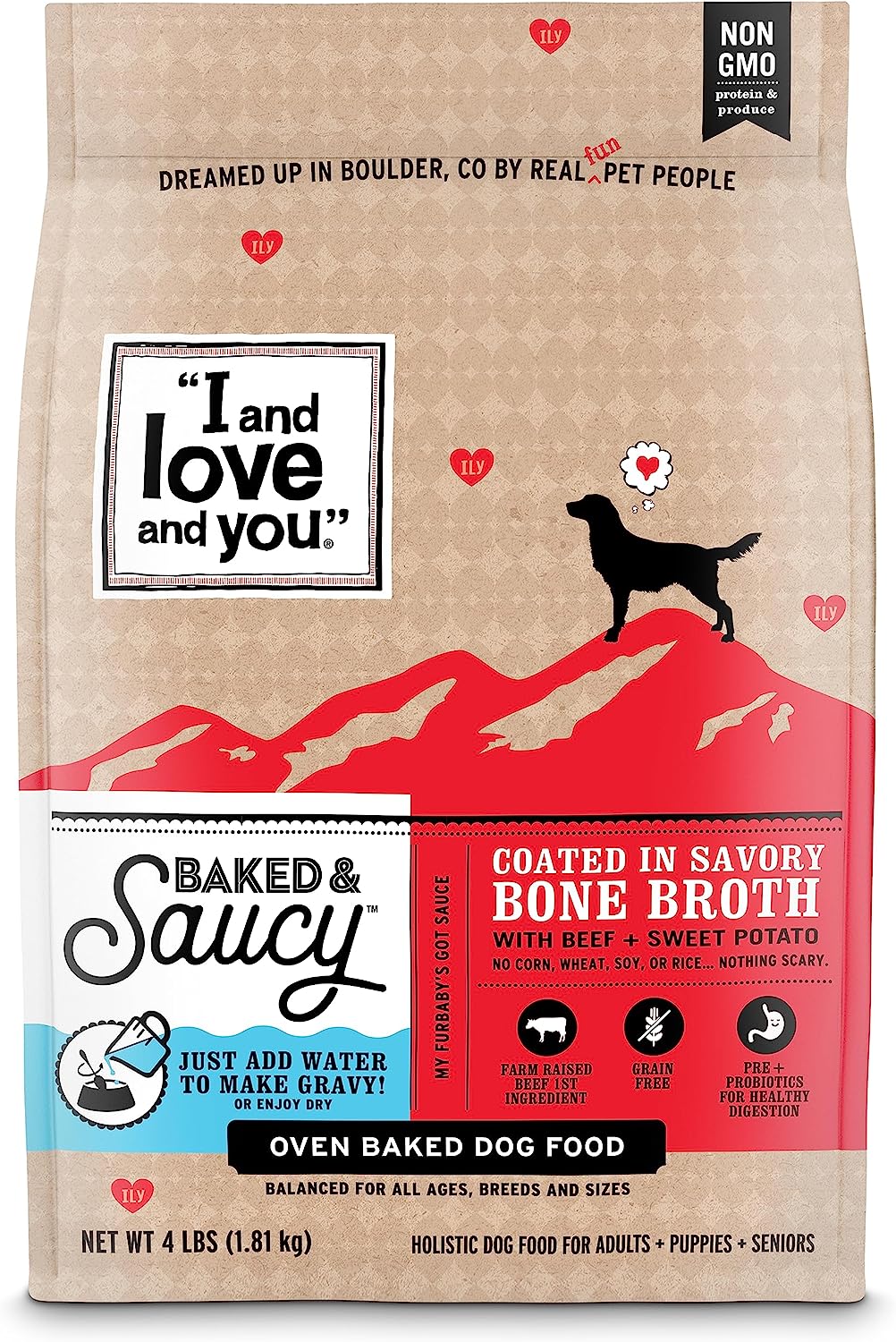 I AND LOVE AND YOU Baked and Saucy Dry Dog Food - Beef + Sweet Potato - Prebiotic + Probiotic, Real Meat, Grain Free, No Fillers, 4lb Bag