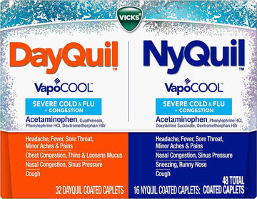 Vicks DayQuil and NyQuil VapoCOOL SEVERE Combo Cold & Flu + Congestion Medicine, Max Strength Relief For Fever, Sore Throat, Nasal Congestion, Sinus Pressure, Cough, 48 Count - 32 DayQuil, 16 NyQuil
