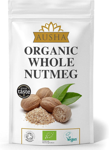 Ausha Organic Whole Nutmeg 50G - 1* Star Great Taste Award 2023 - Certified Organic By Soil Association - Great Taste Producer