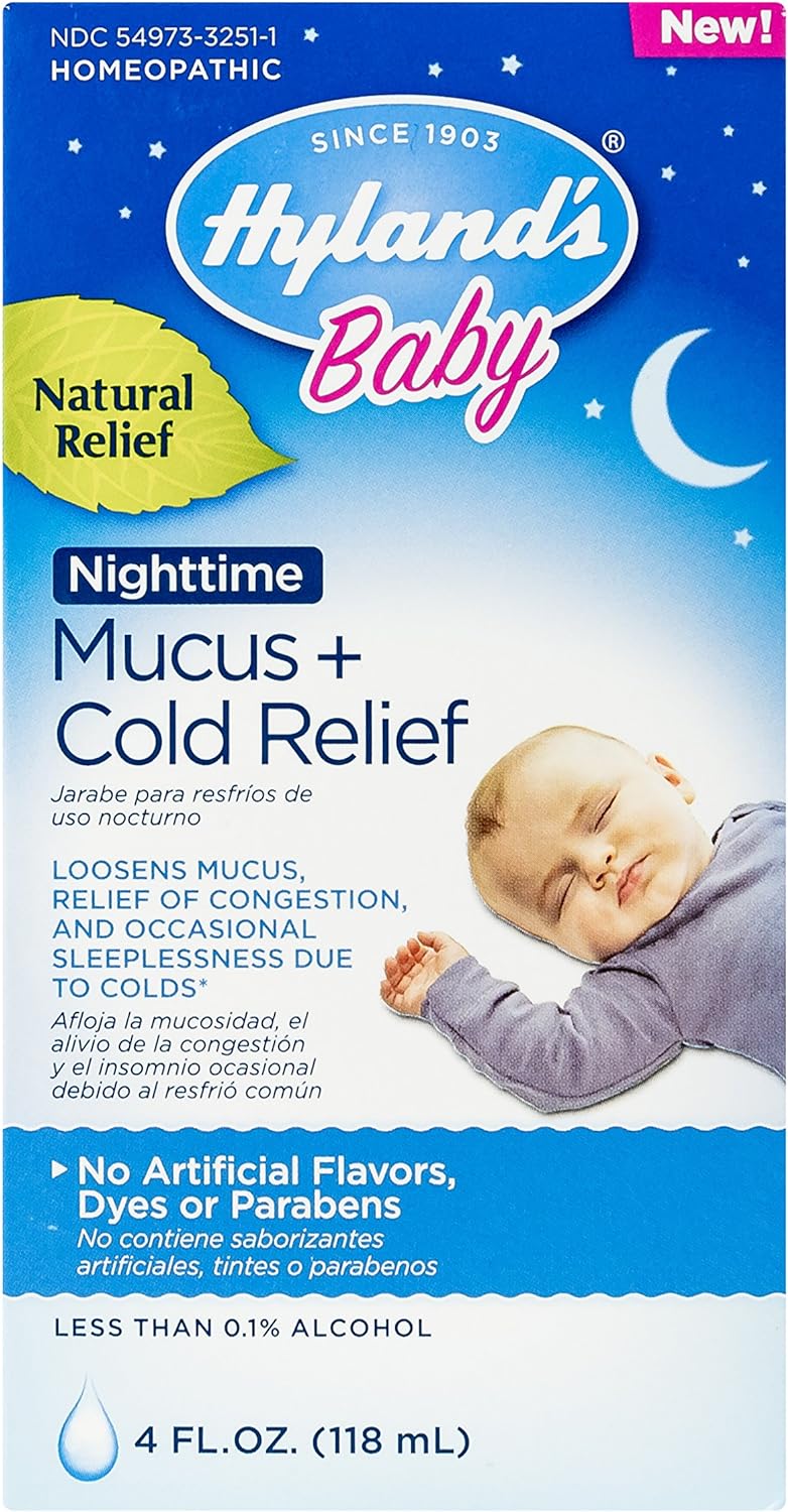 Hyland's Naturals Baby Mucus and Cold Relief, Nighttime Baby Cold Medicine, Infant Cold and Cough Remedy, Decongestant, 4 Fluid Ounce