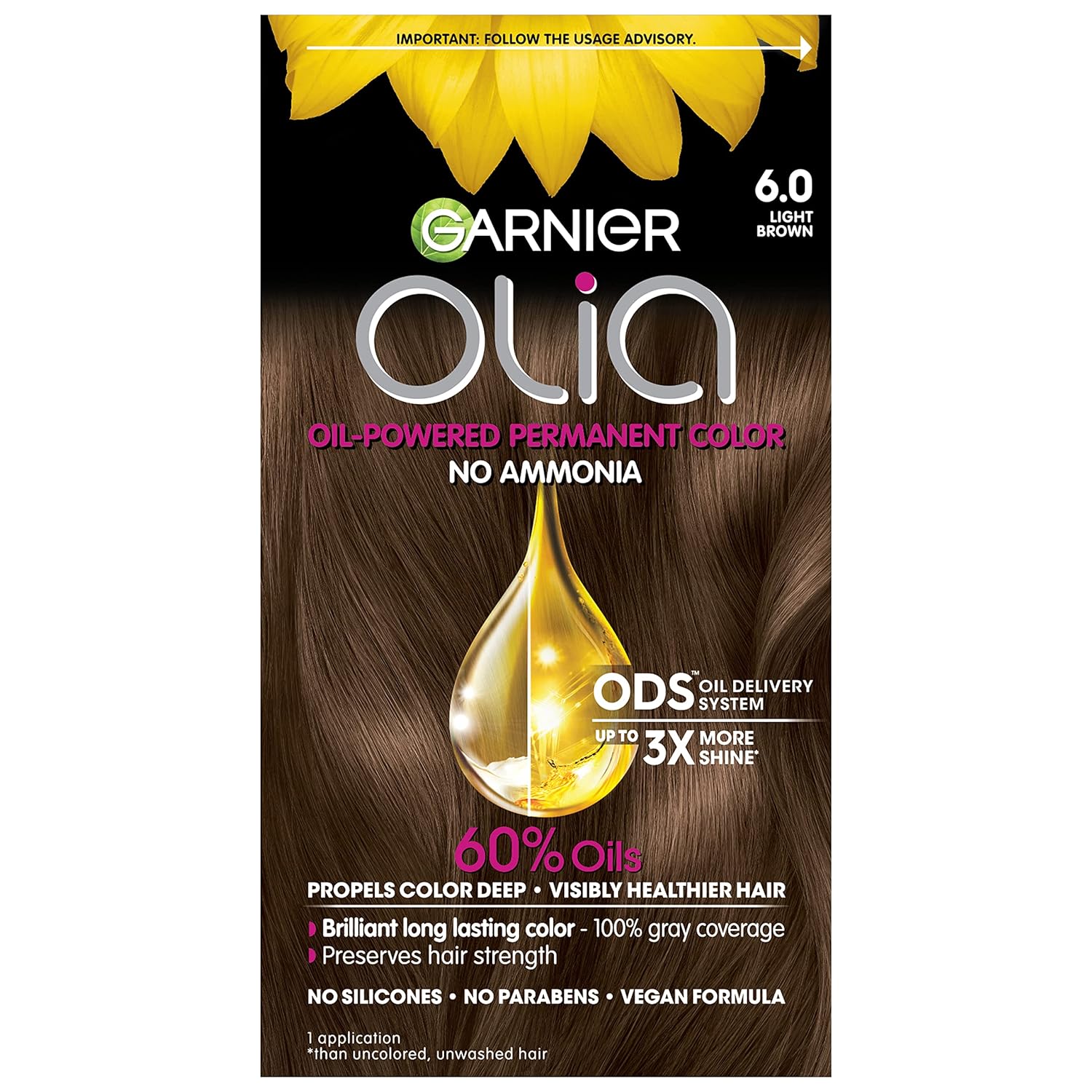 Garnier Hair Color Olia Ammonia-Free Brilliant Color Oil-Rich Permanent Hair Dye, 6.0 Light Brown, 1 Count (Packaging May Vary)