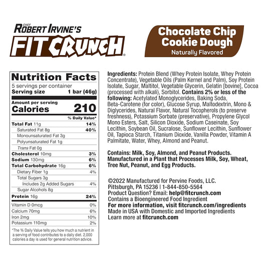 Fitcrunch Snack Size Protein Bars, Designed By Robert Irvine, 6-Layer Baked Bar, 3G Of Sugar, Gluten Free & Soft Cake Core (9 Bars, Chocolate Chip Cookie Dough)