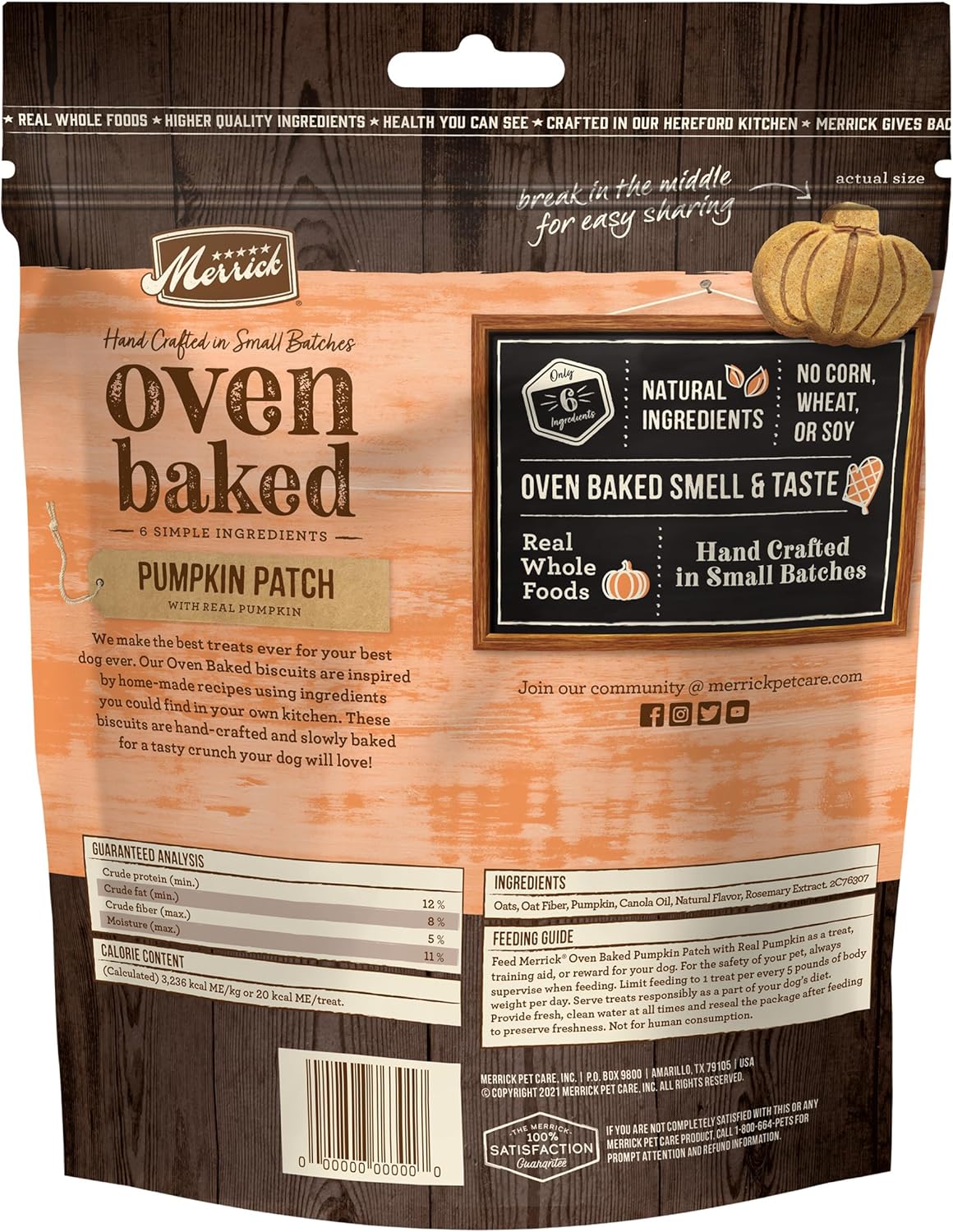 Merrick Oven Baked Dog Treats, Natural and Crunchy Bag of Treats, Pumpkin Patch with Real Pumpkin Snack - 11 oz. Bag : Pet Supplies