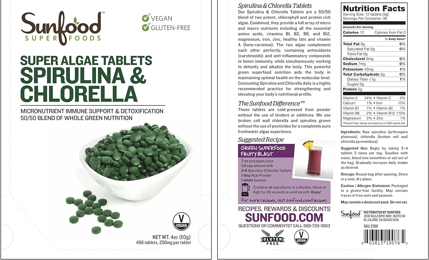 Sunfood Premium Spirulina Chlorella Tablets | 456 Tablets, 4oz Bag | 50/50 Blend | Broken Cell Wall, Rich in Natural Vegan Protein & Chlorophyll