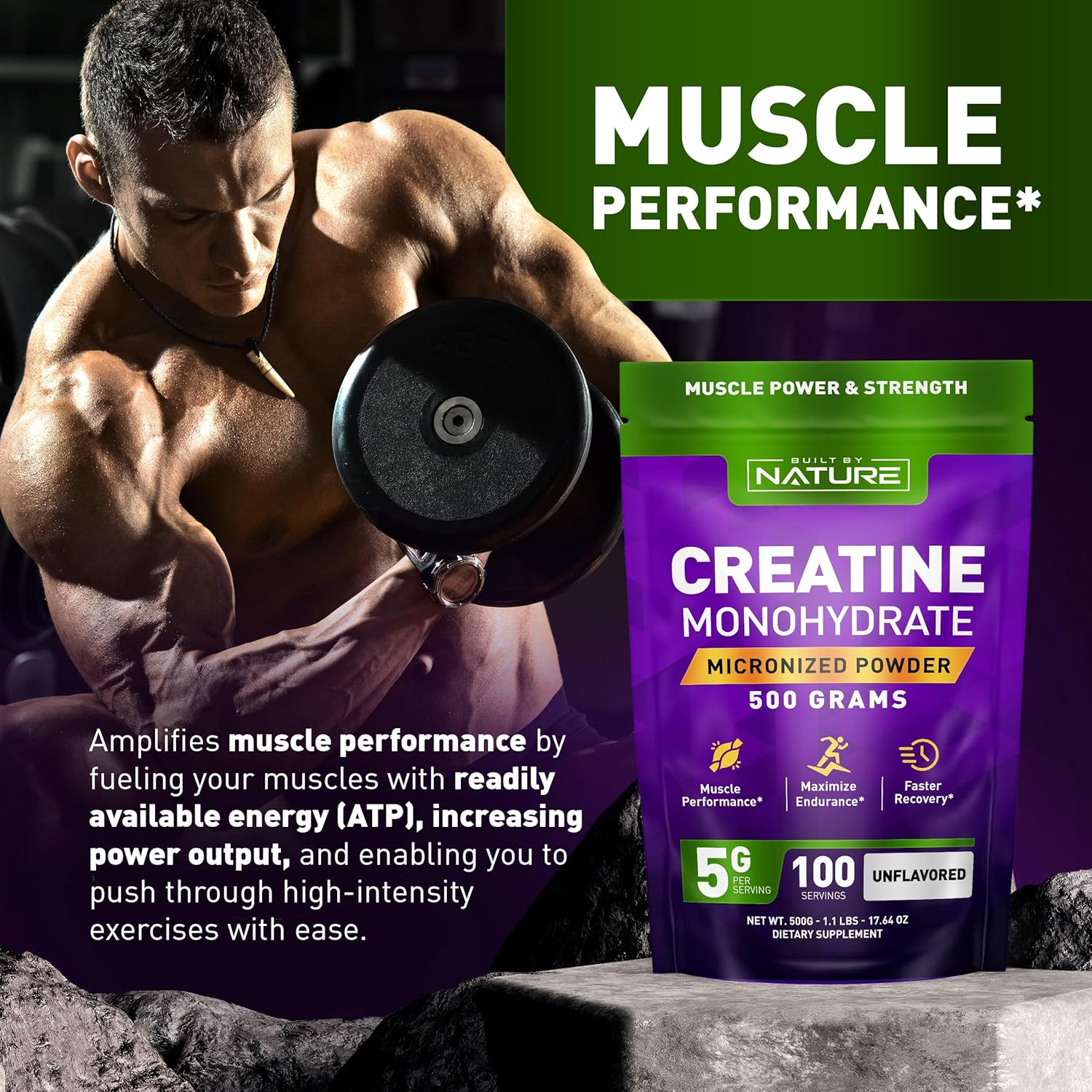Built By Nature Creatine Monohydrate Micronized Powder – Unflavored, 5000Mg (5G) Per Serving, 100 Servings (500G) – Vegan, Non-Gmo, Gluten-Free – Supports Muscle Strength And Workout Recovery : Health & Household