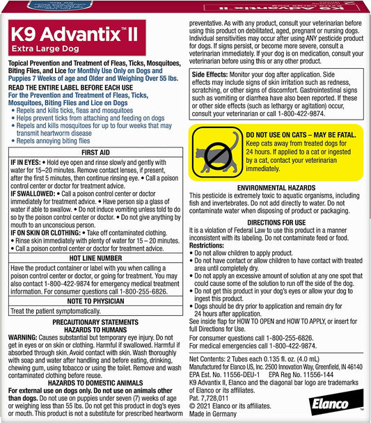 K9 Advantix Ii Xl Dog Vet-Recommended Flea, Tick & Mosquito Treatment & Prevention | Dogs Over 55 Lbs. | 2-Mo Supply