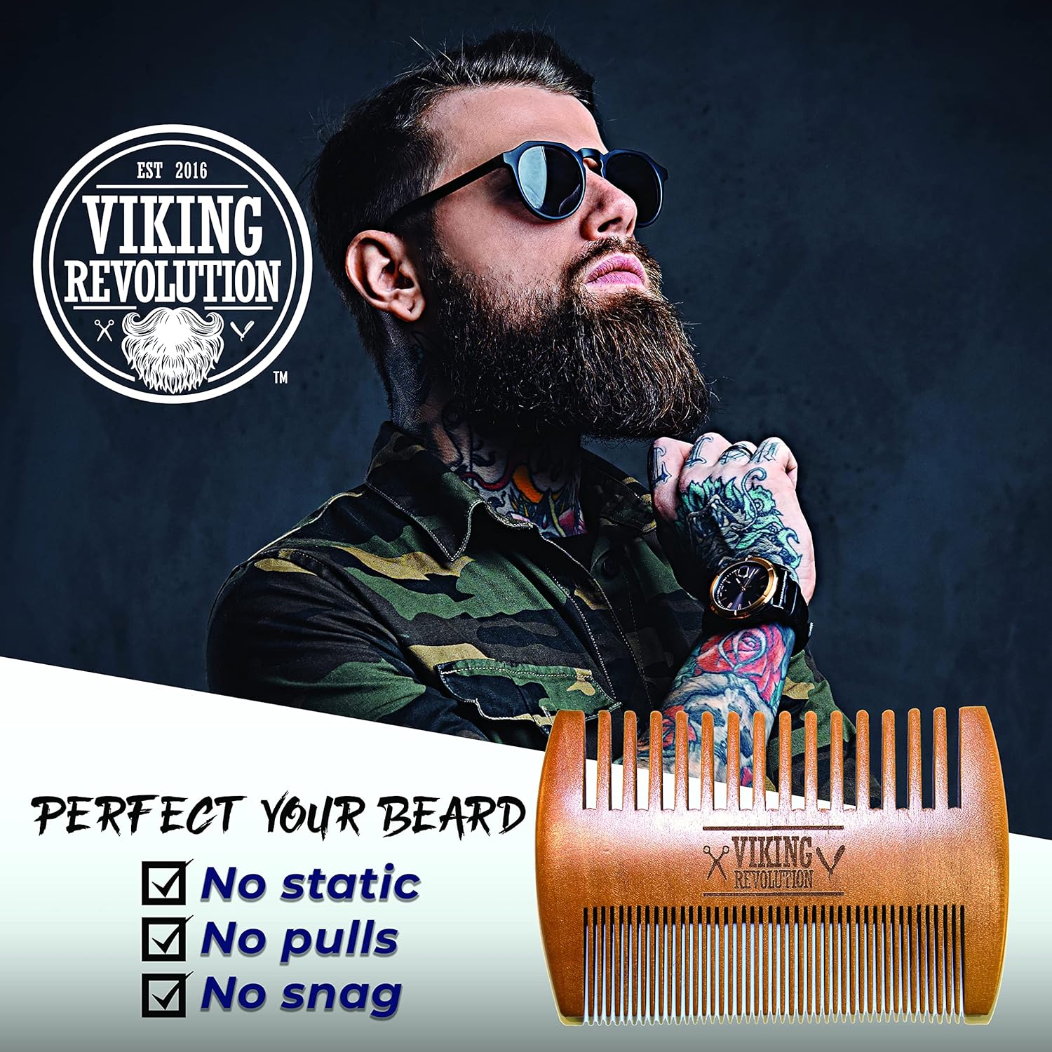 Wooden Beard Comb & Case, Dual Action Fine & Coarse Teeth, Perfect for use with Balms and Oils, Top Pocket Comb for Beards & Mustaches by Viking Revolution : Beauty & Personal Care