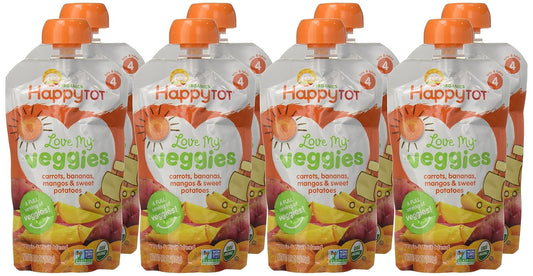 Happy Tot Organics Stage 4 Baby Food Pouches, Gluten Free, Vegan Snack, Love My Veggies, Fruit & Veggie Puree, Carrot, Banana, Mango & Sweet Potato, 4.22 Ounce (Pack Of 8)