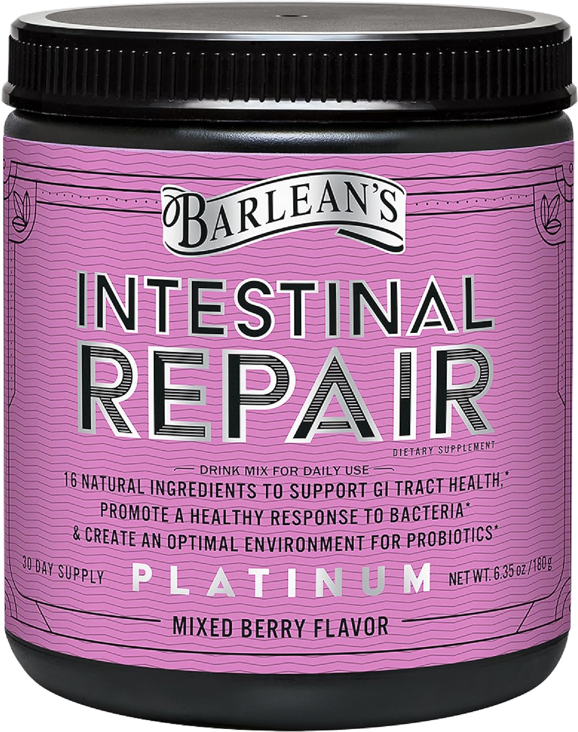 Barlean’s Intestinal Repair Gut Health Powder with 16 Digestive Supplements, L-Glutamine, Marshmallow & Licorice Root, Aloe Vera, and Fiber Mixed Berry Flavor, 6.35 oz