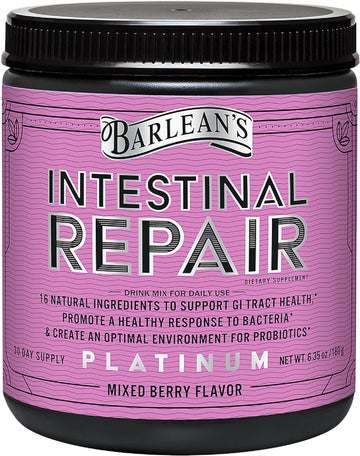 Barlean’s Intestinal Repair Gut Health Powder with 16 Digestive Supplements, L-Glutamine, Marshmallow & Licorice Root, Aloe Vera, and Fiber Mixed Berry Flavor, 6.35 oz