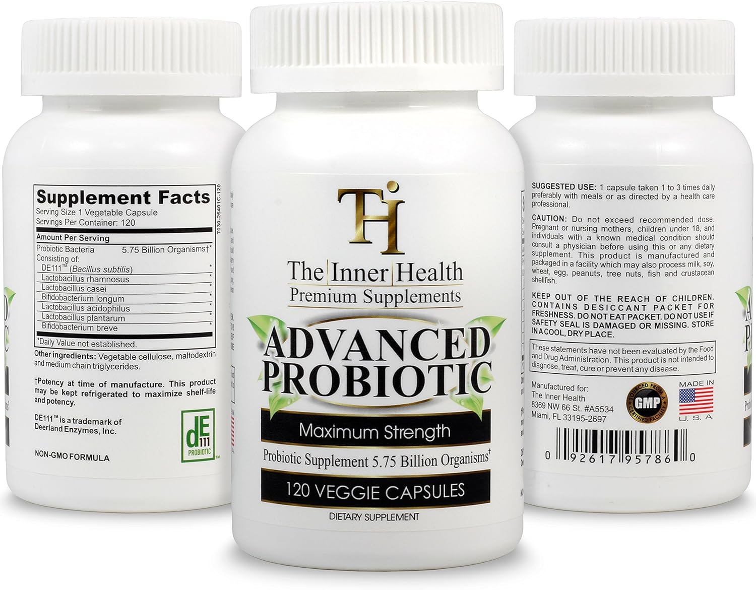 The Inner Health Probiotic Supplement 5.75 Billion Organisms-Bacillus Subtilis Bifidobacterium Longum L.Acidophilus L.Rhamnosus L.Plantarum-120 Caps