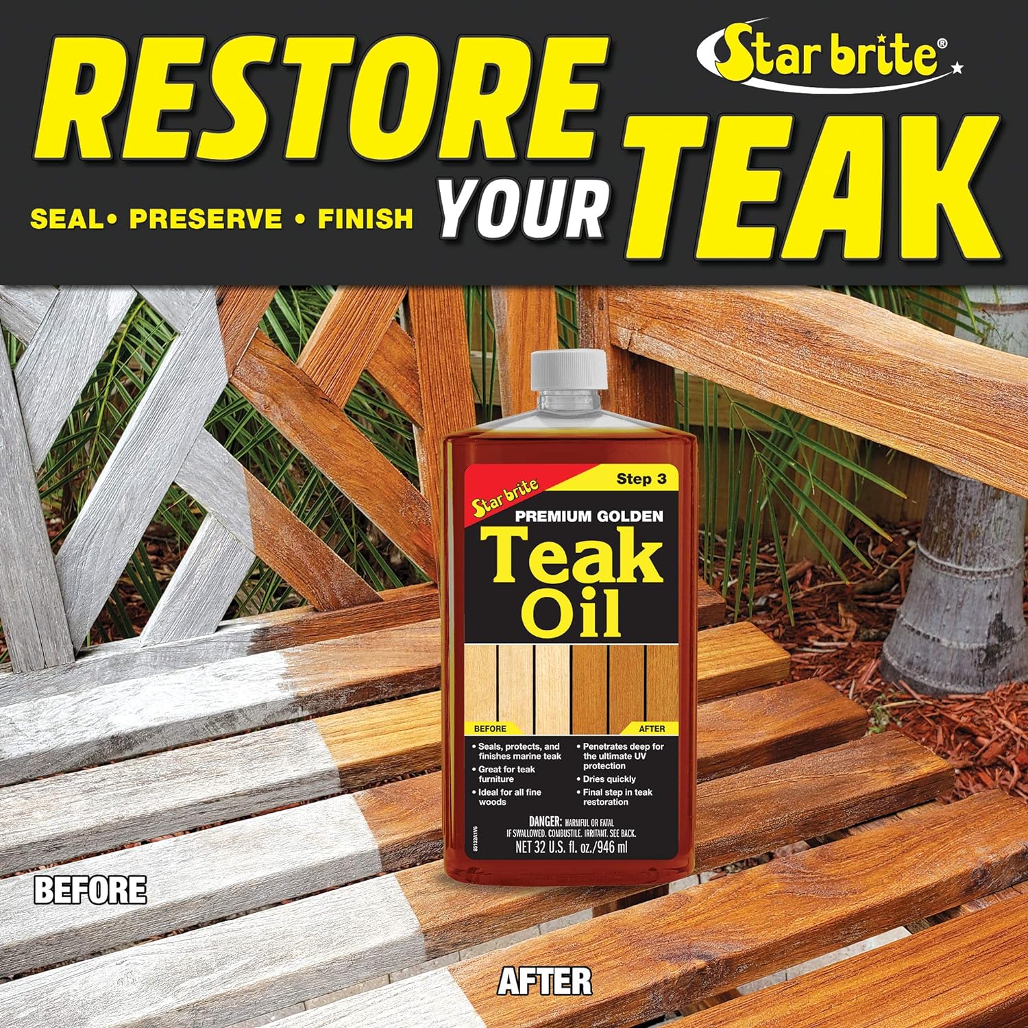 STAR BRITE Premium Golden Teak Oil - Ultimate Sealer, Preserver & Finish for Outdoor Teak & Fine Woods - Ideal for Boats, Furniture, Shower Stools - 1 GAL (085100) : Health & Household