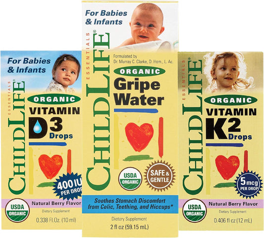 ChildLife Essentials Organic Baby Bundle - Vitamin D3 Natural Berry Liquid, Vitamin K2 Natural Berry Liquid, Gripe Water - USDA Certified Organic, Natural Relief - for Babies & Infants