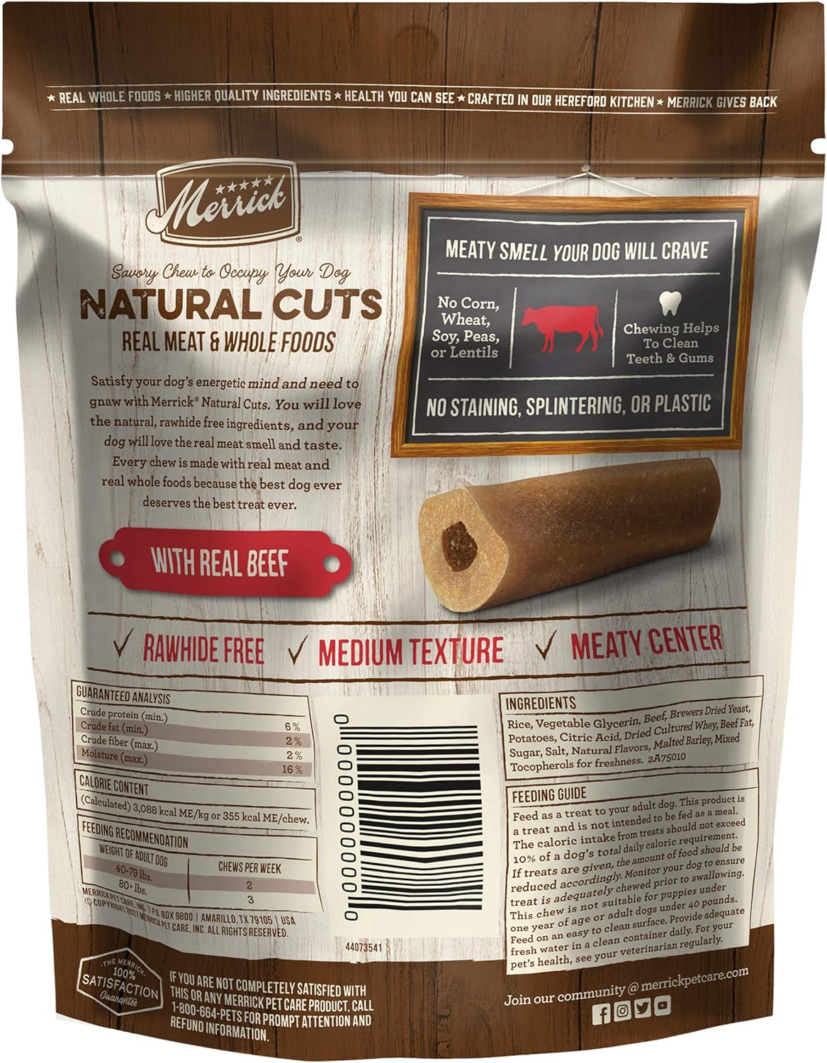 Merrick Natural Cuts Rawhide Free Dog Treats, Medium Texture Filled Dog Chew with Real Beef for Large Dogs - (Pack of 6) 3 ct. Pouches : Pet Supplies
