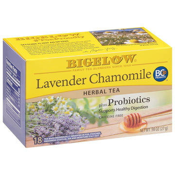 Bigelow Tea Lavender Chamomile Plus Probiotics Herbal Tea, Caffeine Free With Lavender Chamomile, 18 Count Box (Pack Of 6), 108 Total Tea Bags