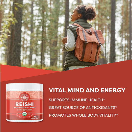 Vimergy Usda Organic Reishi Mushroom Extract Powder, 33 Servings – Red Reishi Mushroom - Supports Healthy Immune System - Non-Gmo, Kosher, Gluten-Free, Vegan, Paleo - 100% Pure With Zero Fillers (50G)