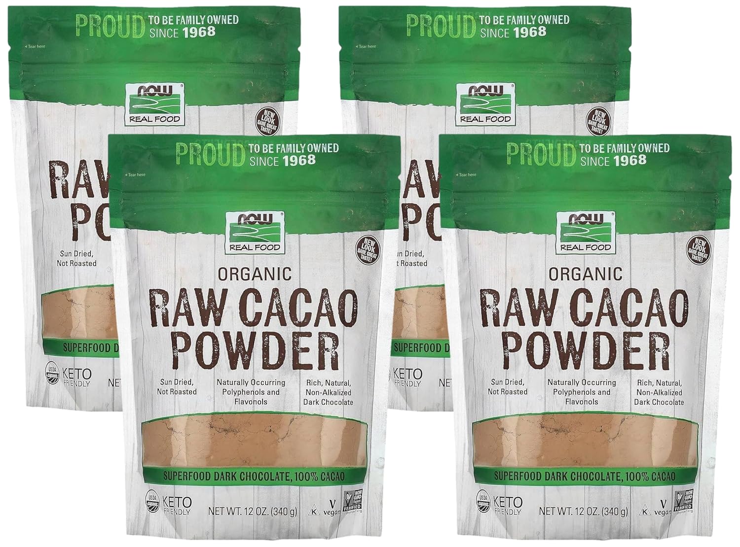 Now Foods, Organic Raw Cacao Powder, With Polyphenols And Flavonols, Sun-Dried, Intensely Rich Flavor, 12-Ounce (Packaging May Vary) (Pack Of 4)