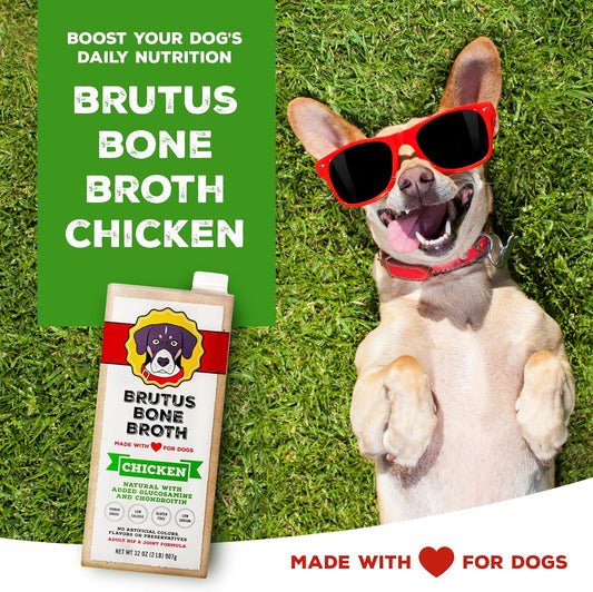 Brutus Chicken Broth for Dogs - All Natural Chicken Bone Broth for Dogs with Chondroitin Glucosamine Turmeric -Human Grade Dog Food Toppers for Picky Eaters & Dry Food -Tasty & Nutritious- Pack of 6