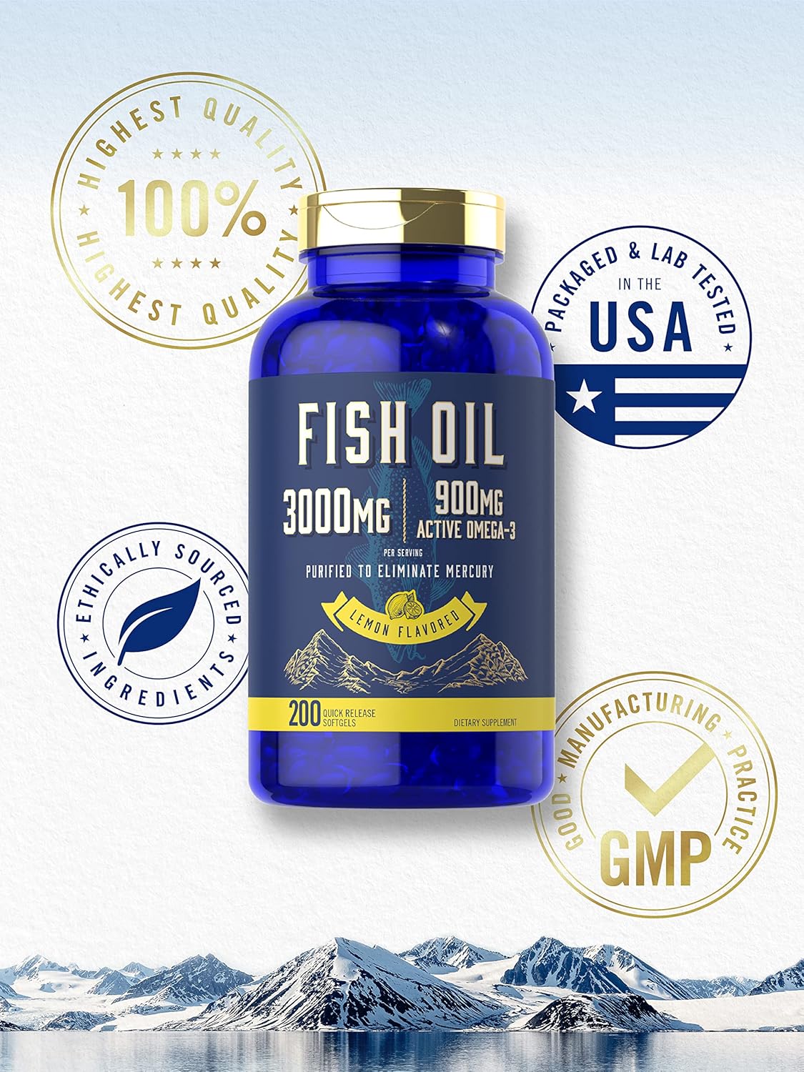 Carlyle Fish Oil 3000mg | 900mg Omega 3 | 200 Softgels | Lemon Flavor | Non-GMO and Gluten Free Supplement : Health & Household